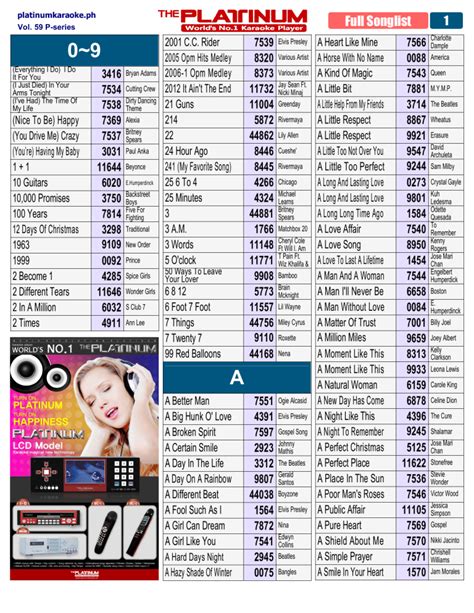 Full Songlist and Songbook for Platinum .